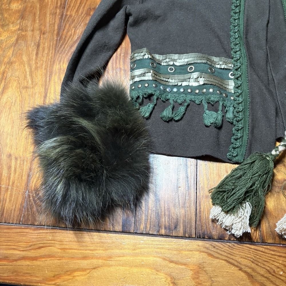 Alberto Makali Green Fur Tassel Funky Vtg Y2K Cardigan Sweater Sz S A1525 - Picture 2 of 13